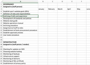 spreadsheet showing sample governance schedule with tasks down the side and months across the top