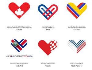 Illustration showing the Giving Tuesday heart logo versioned across six countries with a corresponding hashtag.